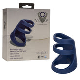 Viceroy Rechargeable Triple Cock Cage Liquid Silicone Ring with 10 Vibration Functions, Blue, 3.5in x 2in Cages